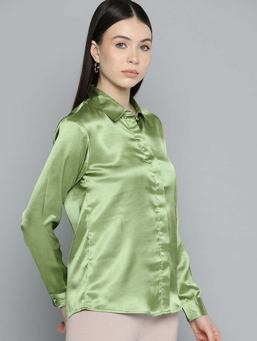 women green satin formal shirt - 20468767 - Standard Image - 1