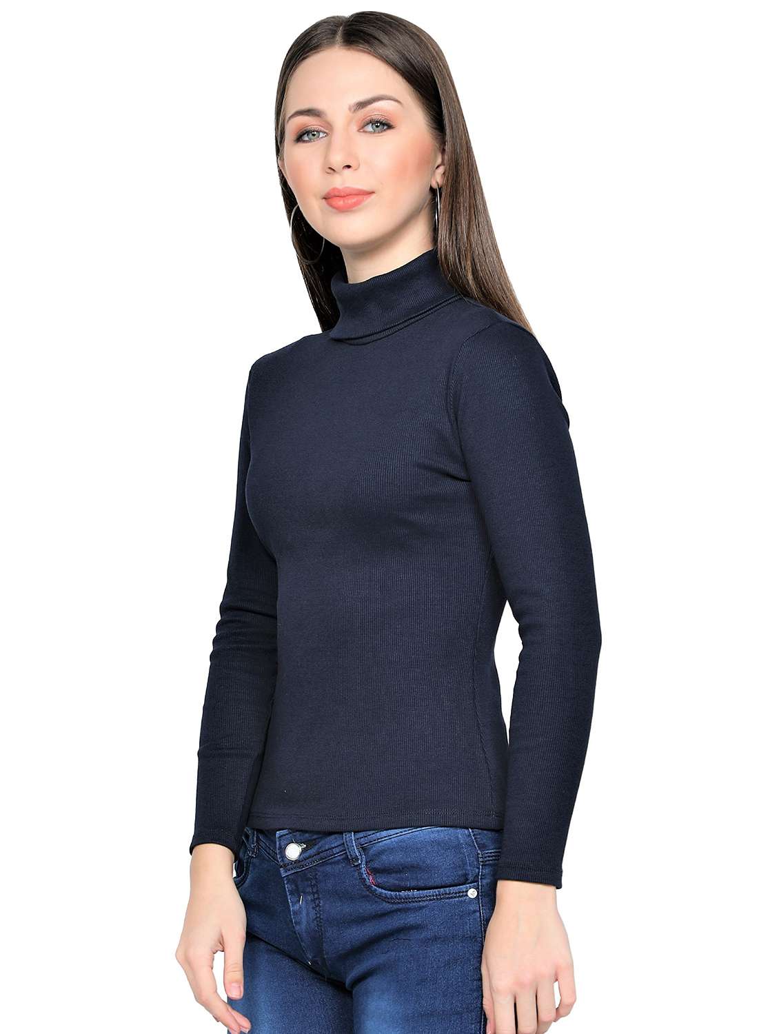 navy blue solid high neck regular top - 20469247 -  Standard Image - 1