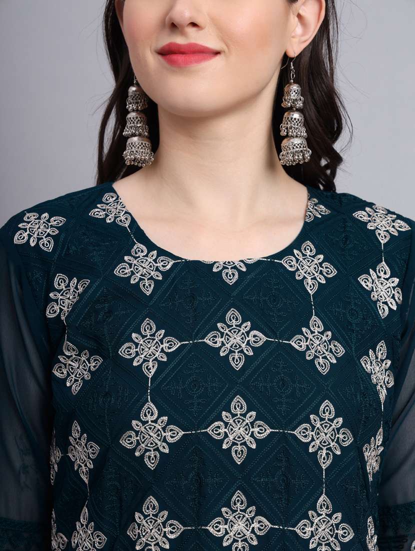 women teal round neck straight kurta - 20469292 -  Standard Image - 4