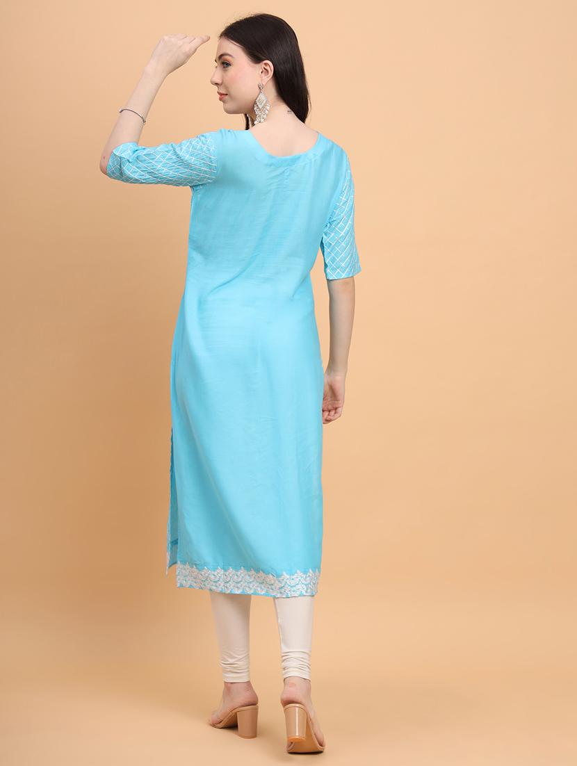 women light blue round neck straight kurta - 20469306 - Standard Image - 1