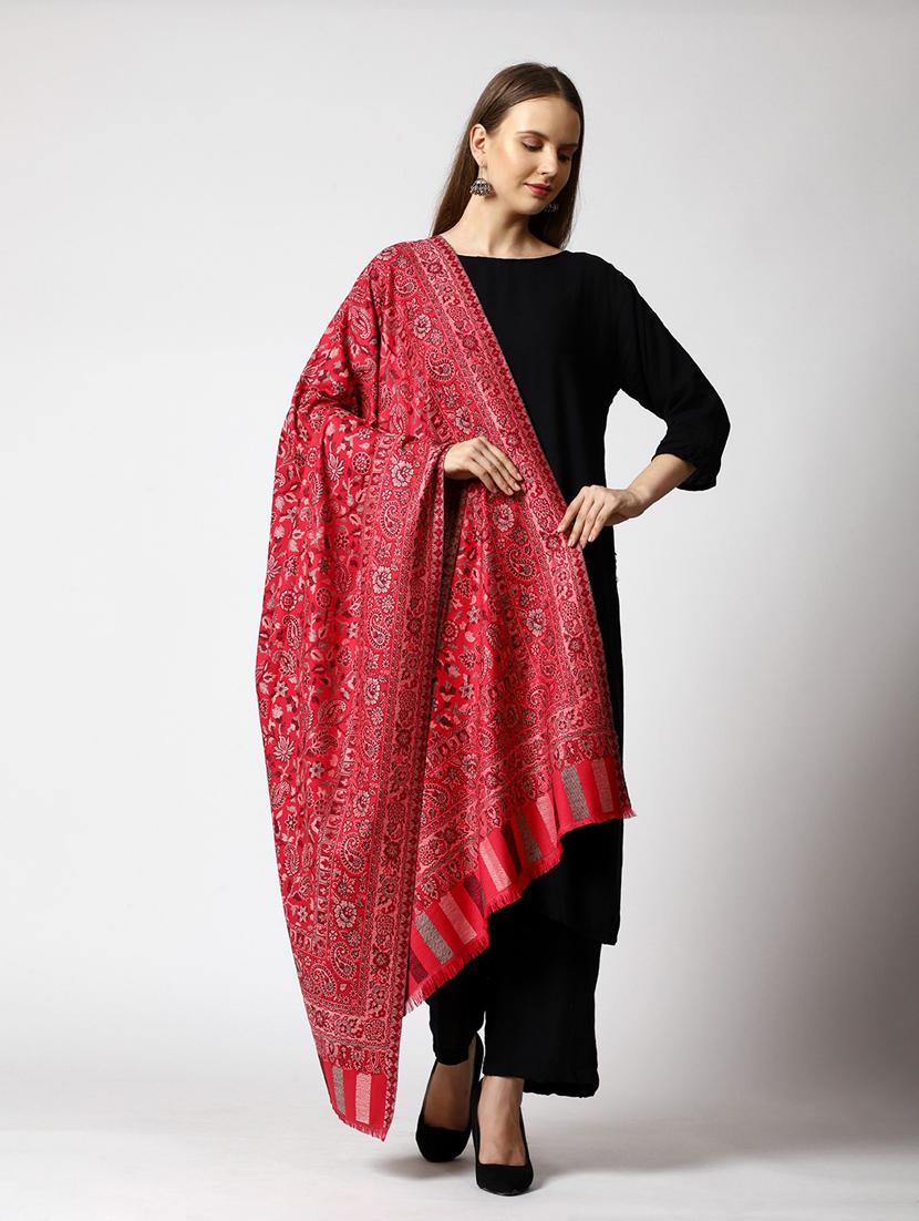 red wool self design shawl - 20470325 - Standard Image - 1