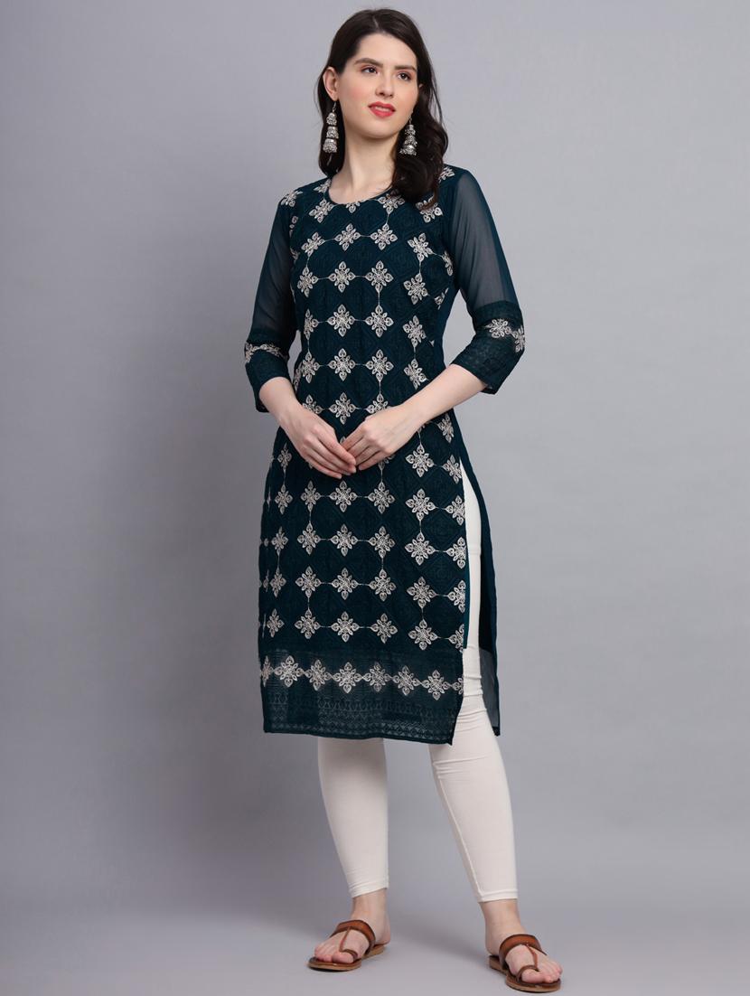 teal three quarter sleeve straight kurta - 20470382 - Standard Image - 1