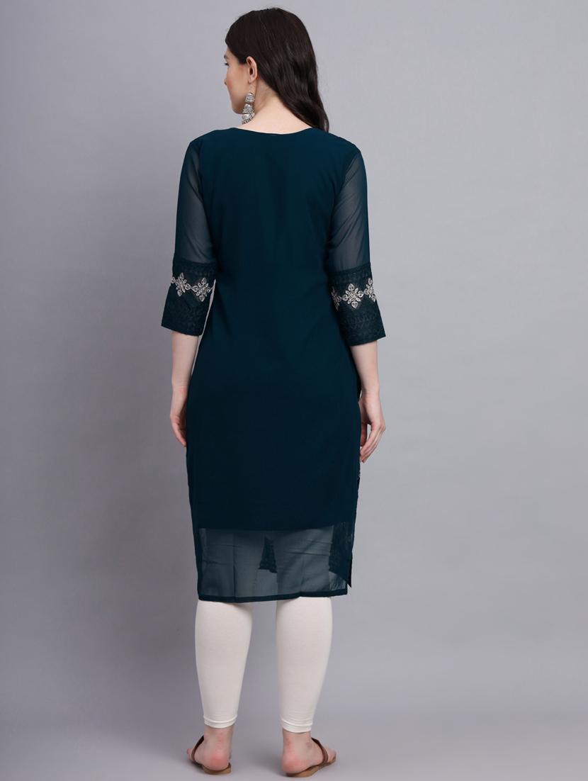 teal three quarter sleeve straight kurta - 20470382 - Standard Image - 4