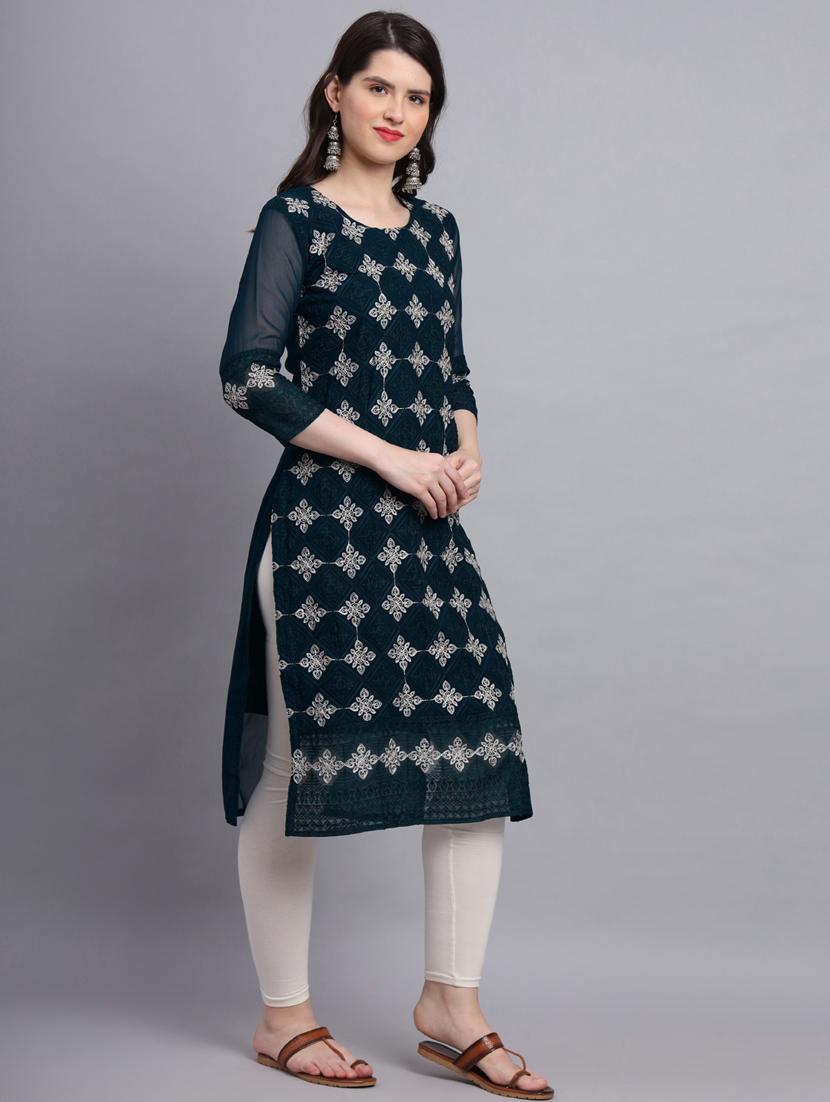 teal three quarter sleeve straight kurta - 20470385 - Standard Image - 1