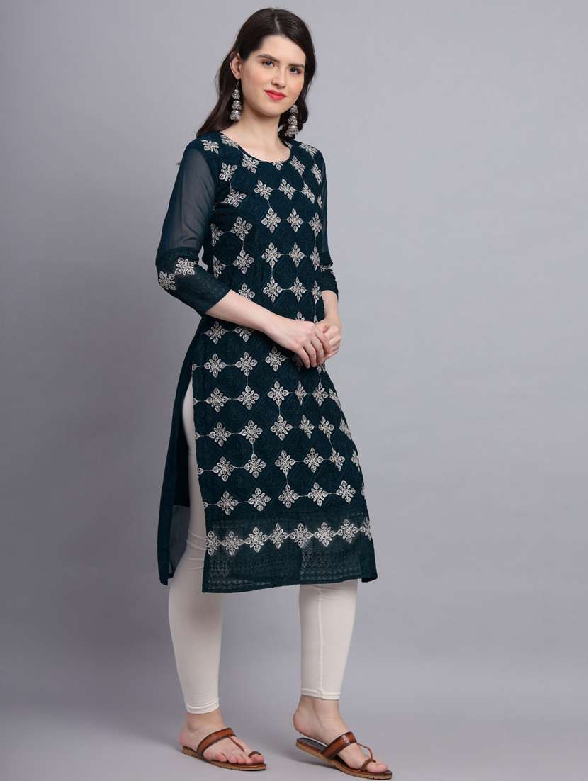 teal three quarter sleeve straight kurta - 20470393 - Standard Image - 1