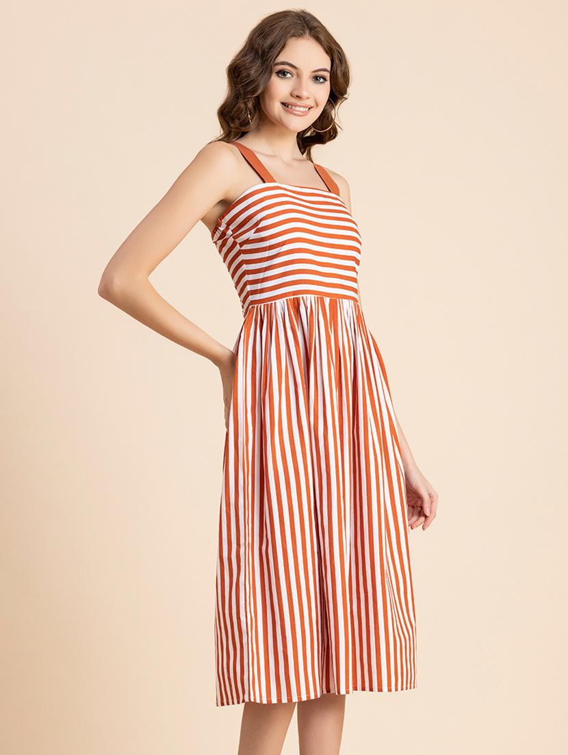 orange striped shoulder strap fit & flare dress - 20473195 - Standard Image - 1