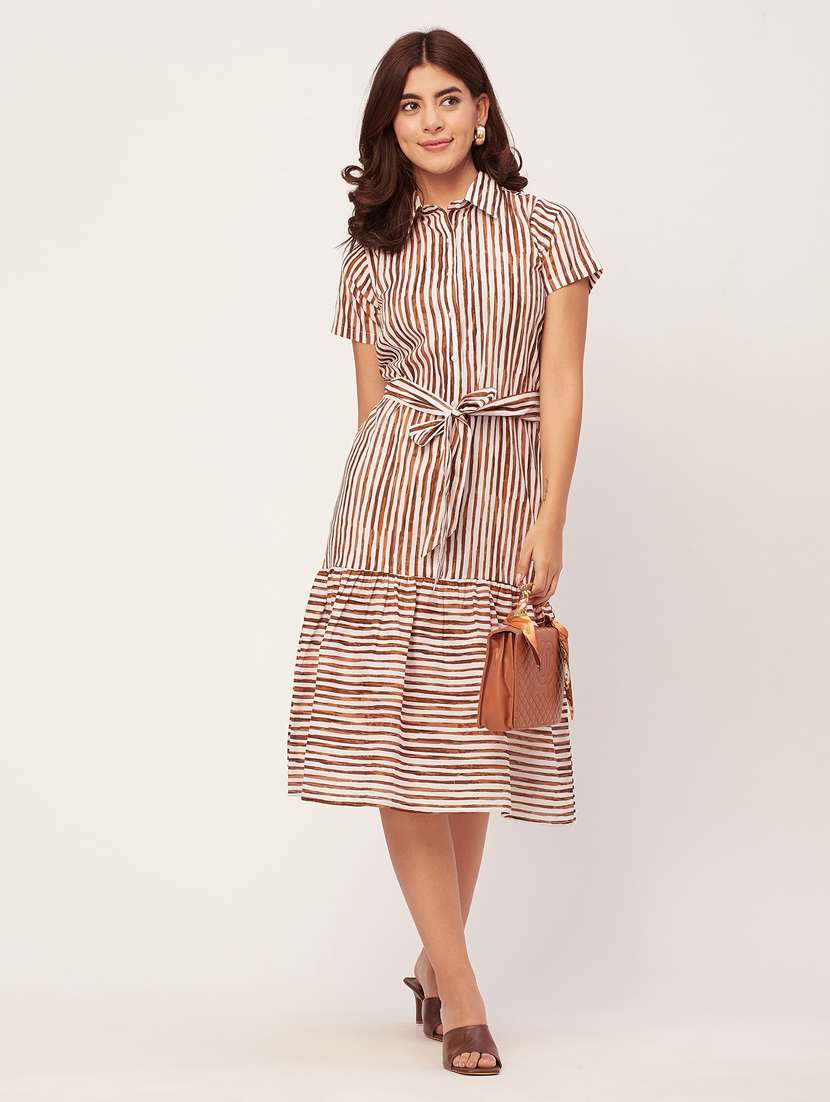 brown stripes drop waist dress