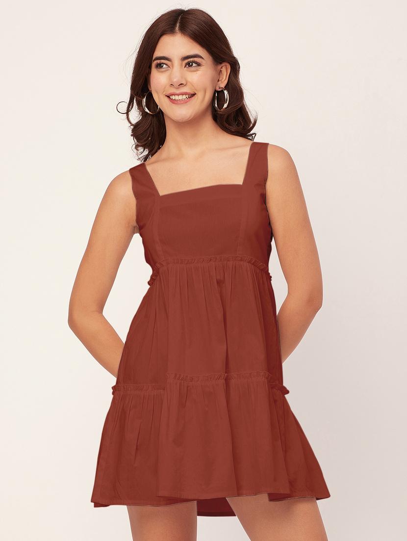 brown solid fit & flare dress - 20473201 -  Zoom Image - 0