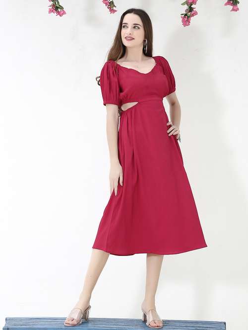 red solid puff sleeves a-line dress - 20473221 -  Standard Image - 0