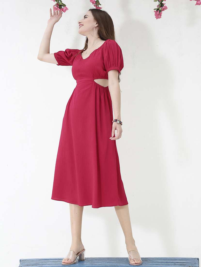 red solid puff sleeves a-line dress - 20473221 - Standard Image - 1