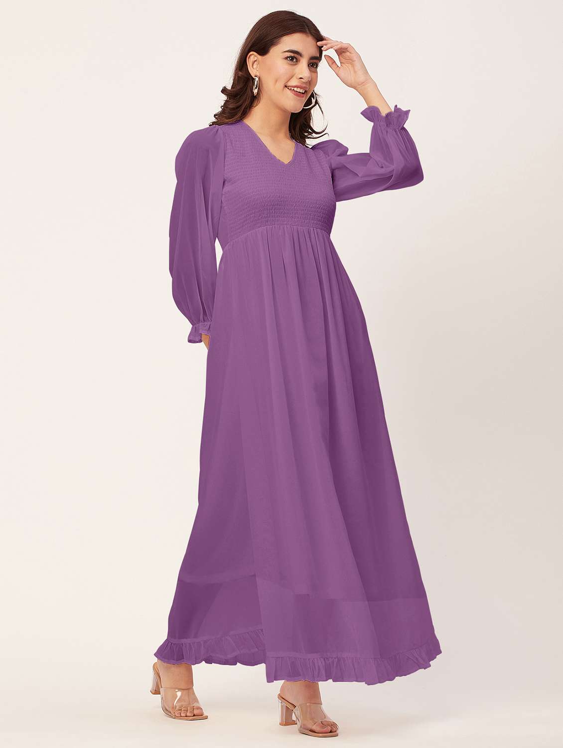 lavender solid smocked puff sleeves maxi dress - 20473231 -  Standard Image - 1