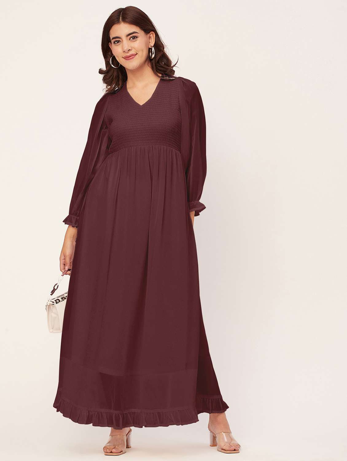 coffee brown solid puff sleeves maxi dress - 20473234 -  Standard Image - 1
