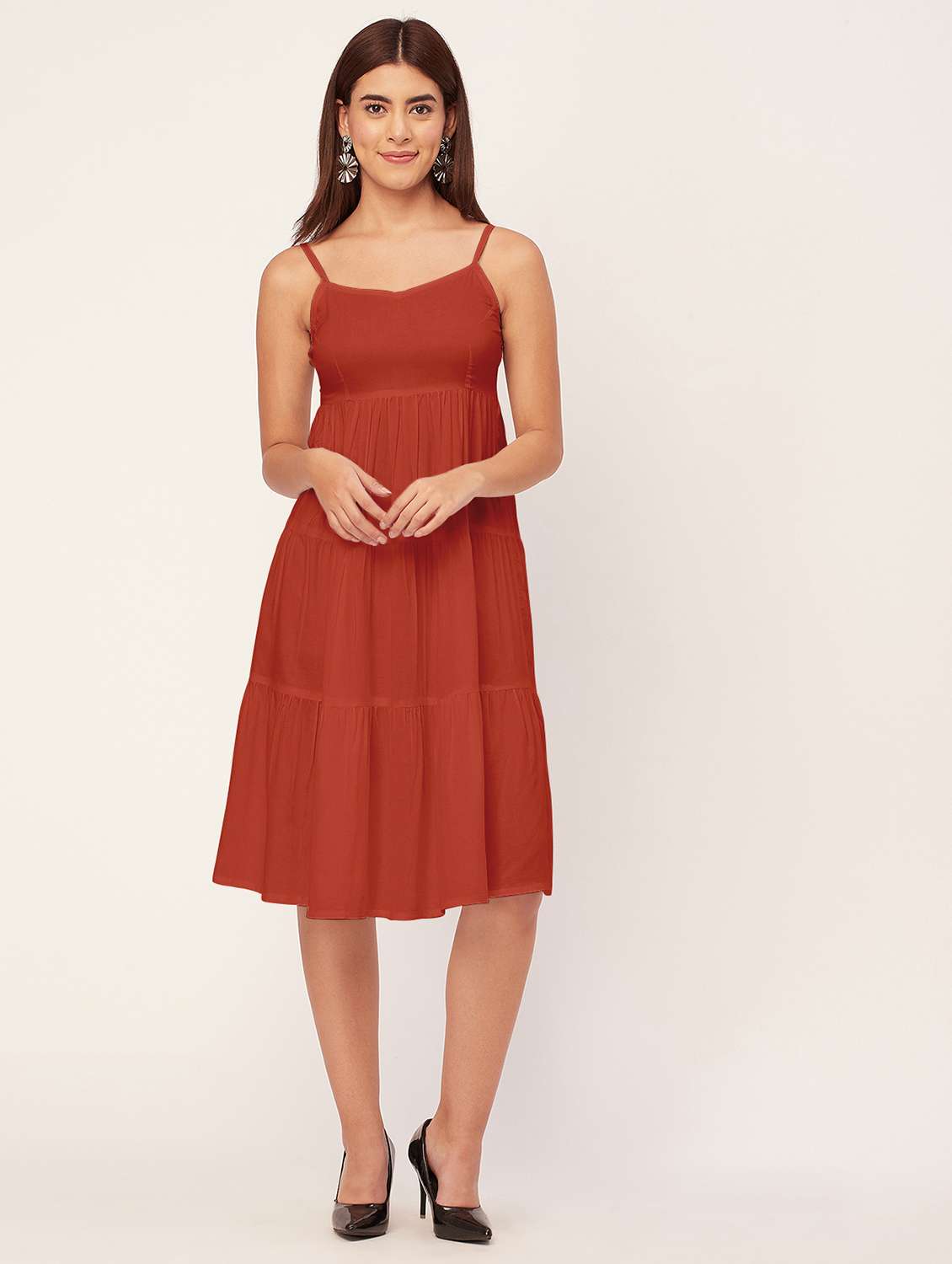 rust solid tiered dress