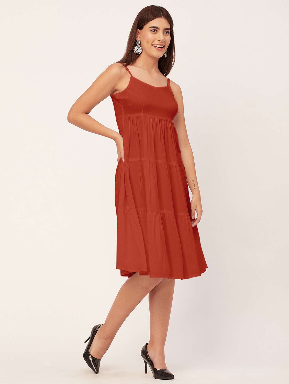 rust solid tiered dress - 20473238 -  Standard Image - 1