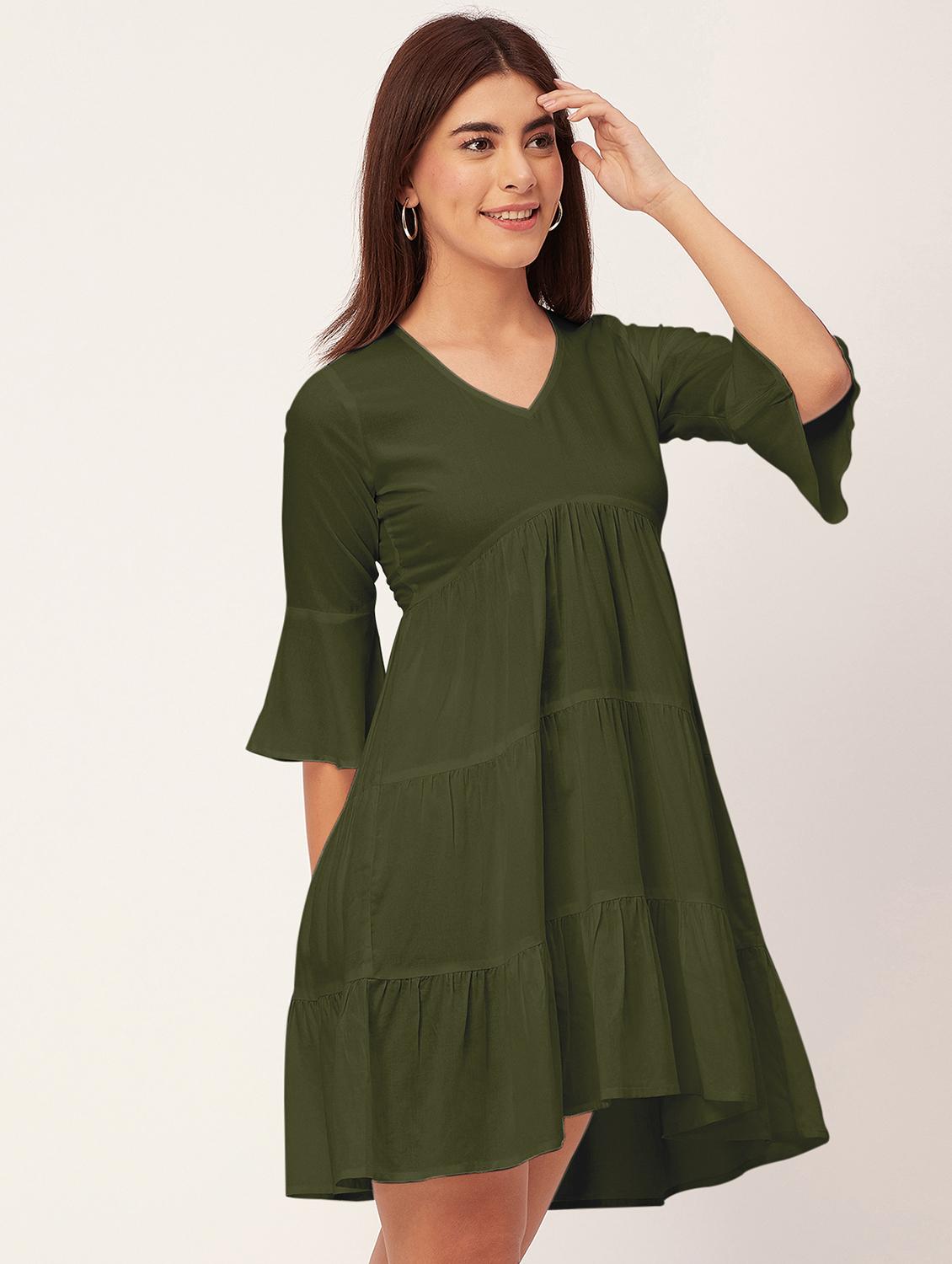 olive solid tiered dress - 20473245 - Standard Image - 1