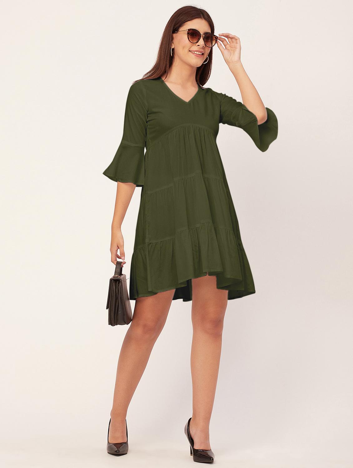 olive solid tiered dress - 20473245 - Standard Image - 4