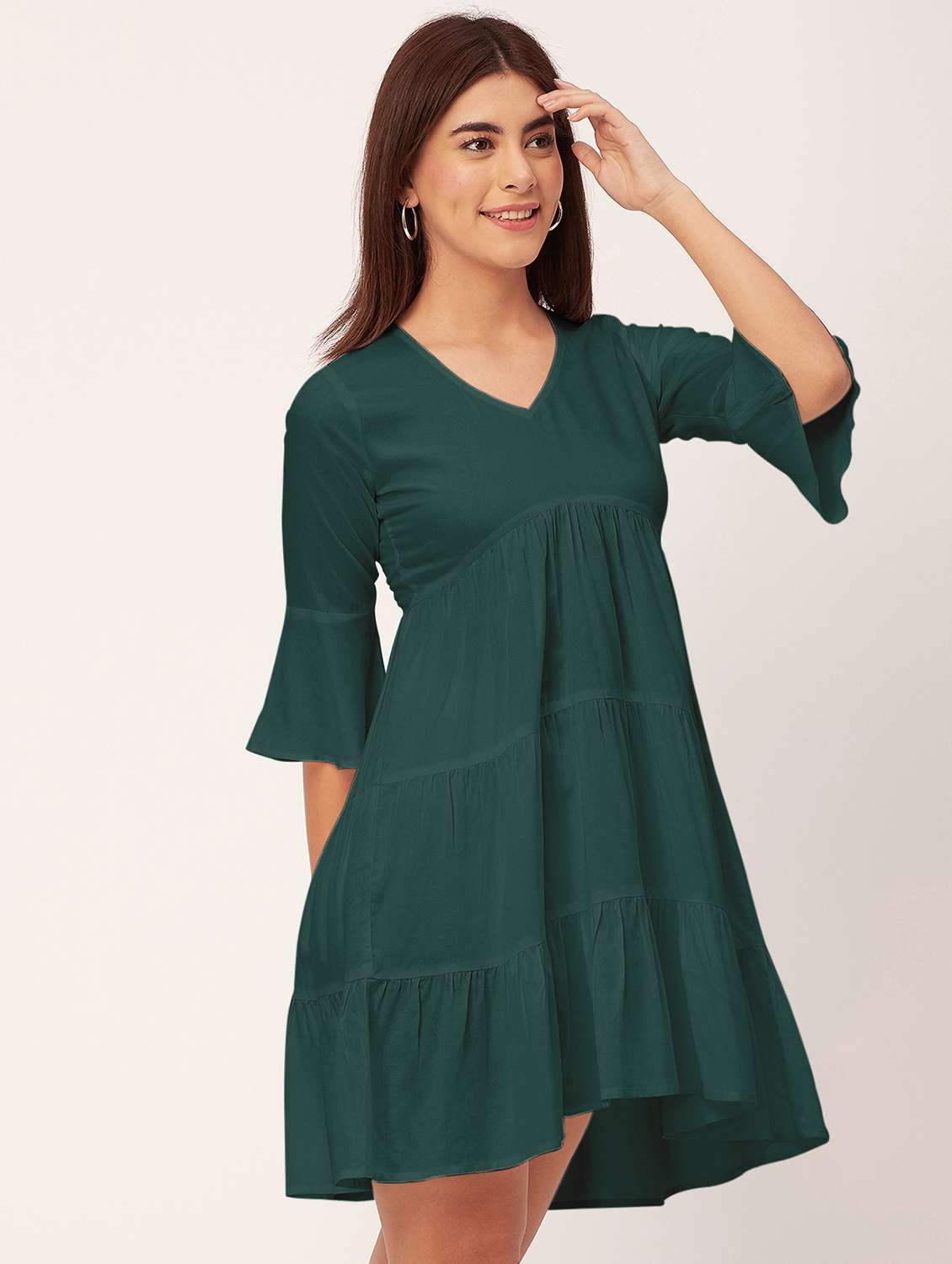 bottle green solid tiered dress - 20473247 -  Standard Image - 1