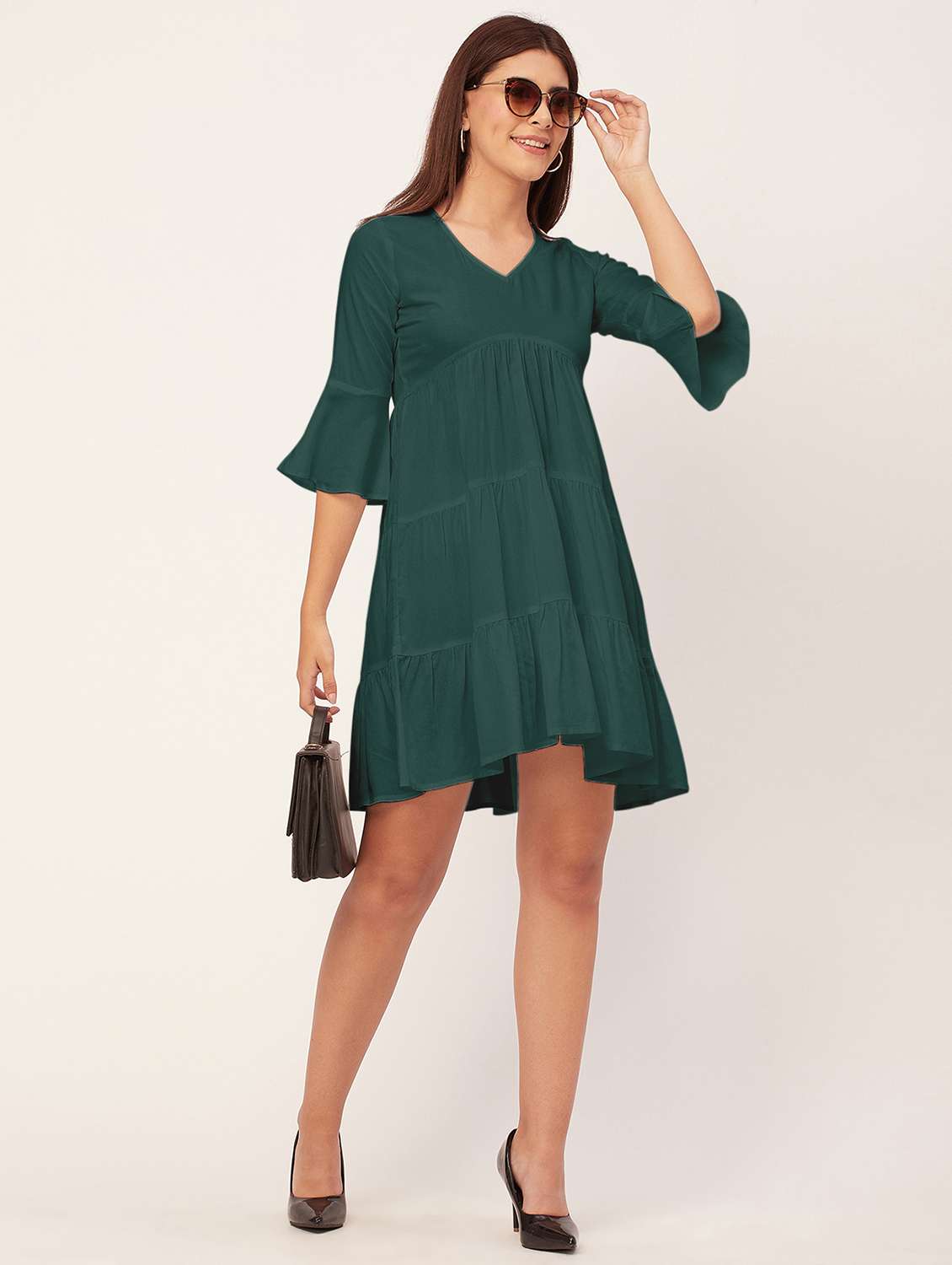 bottle green solid tiered dress - 20473247 -  Standard Image - 4