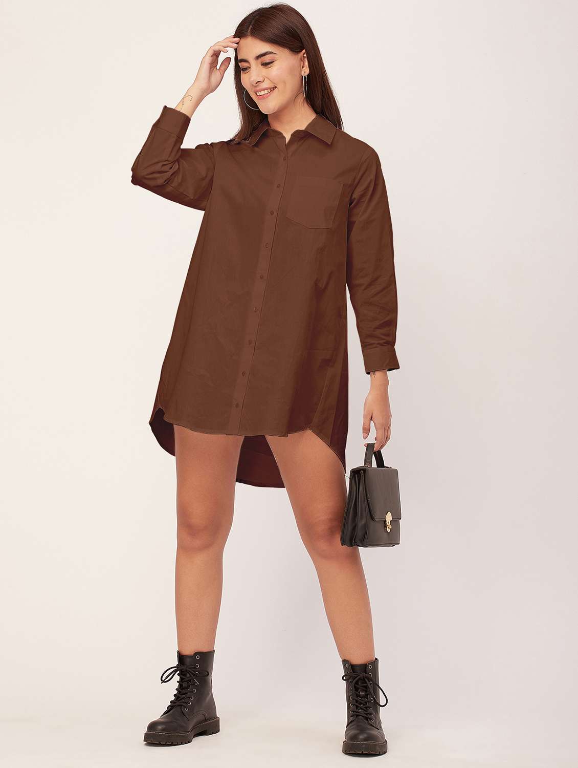 brown solid shirt dress - 20473250 -  Standard Image - 4