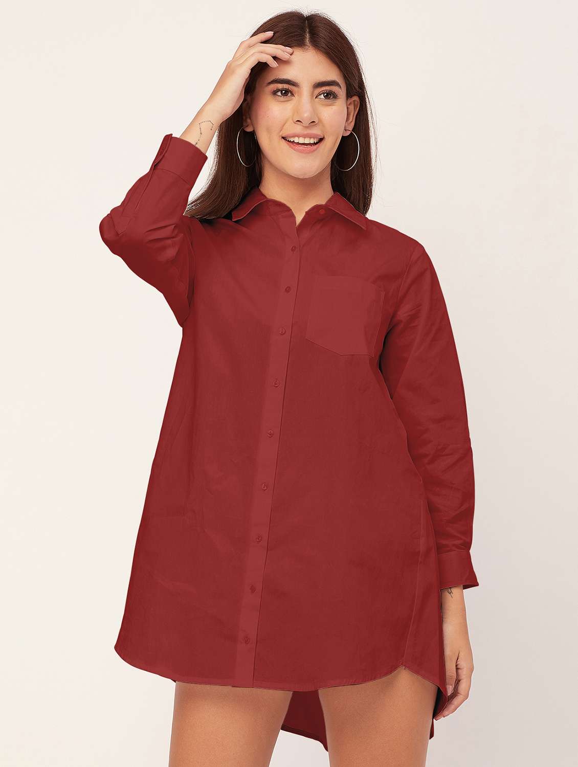 red solid shirt dress