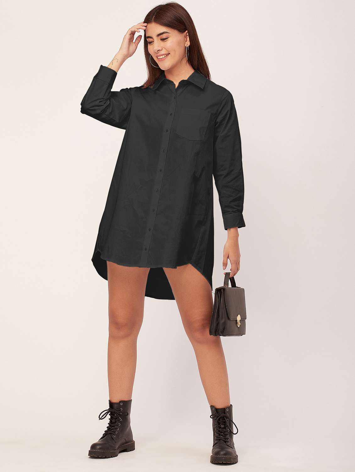 Black Solid Shirt Dress - 20473253 -  Standard Image - 4