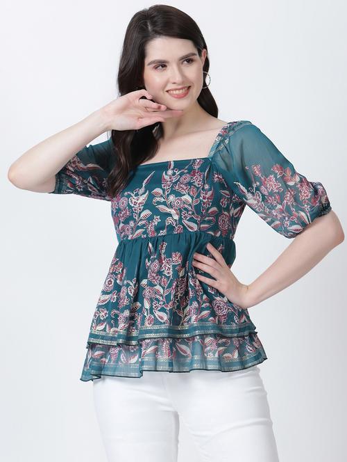 women teal regular fit puff sleeve peplum top - 20474084 -  Standard Image - 0