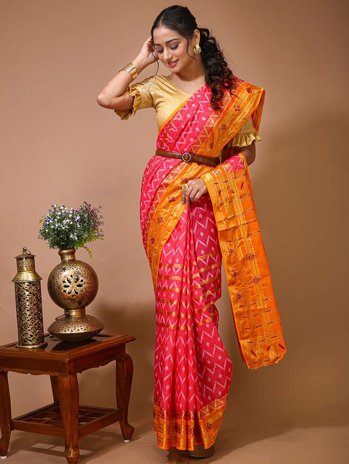 women's ikat pink colored saree with blouse