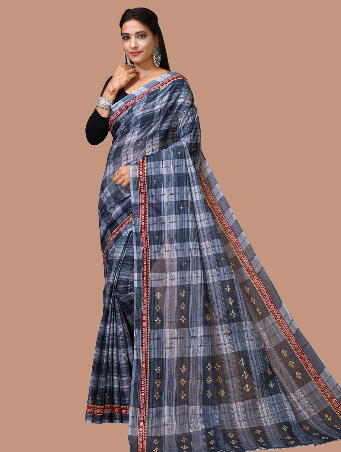 women's checks navy blue colored saree