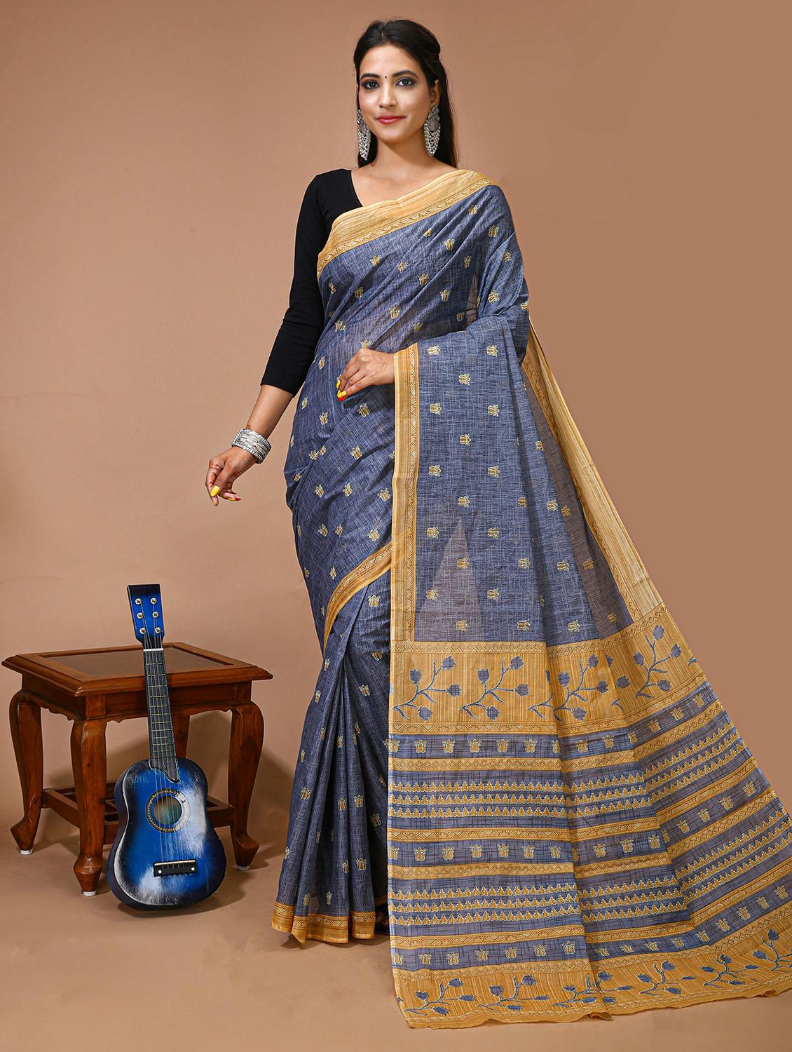 women's printed navy blue colored saree - 20474322 -  Zoom Image - 0