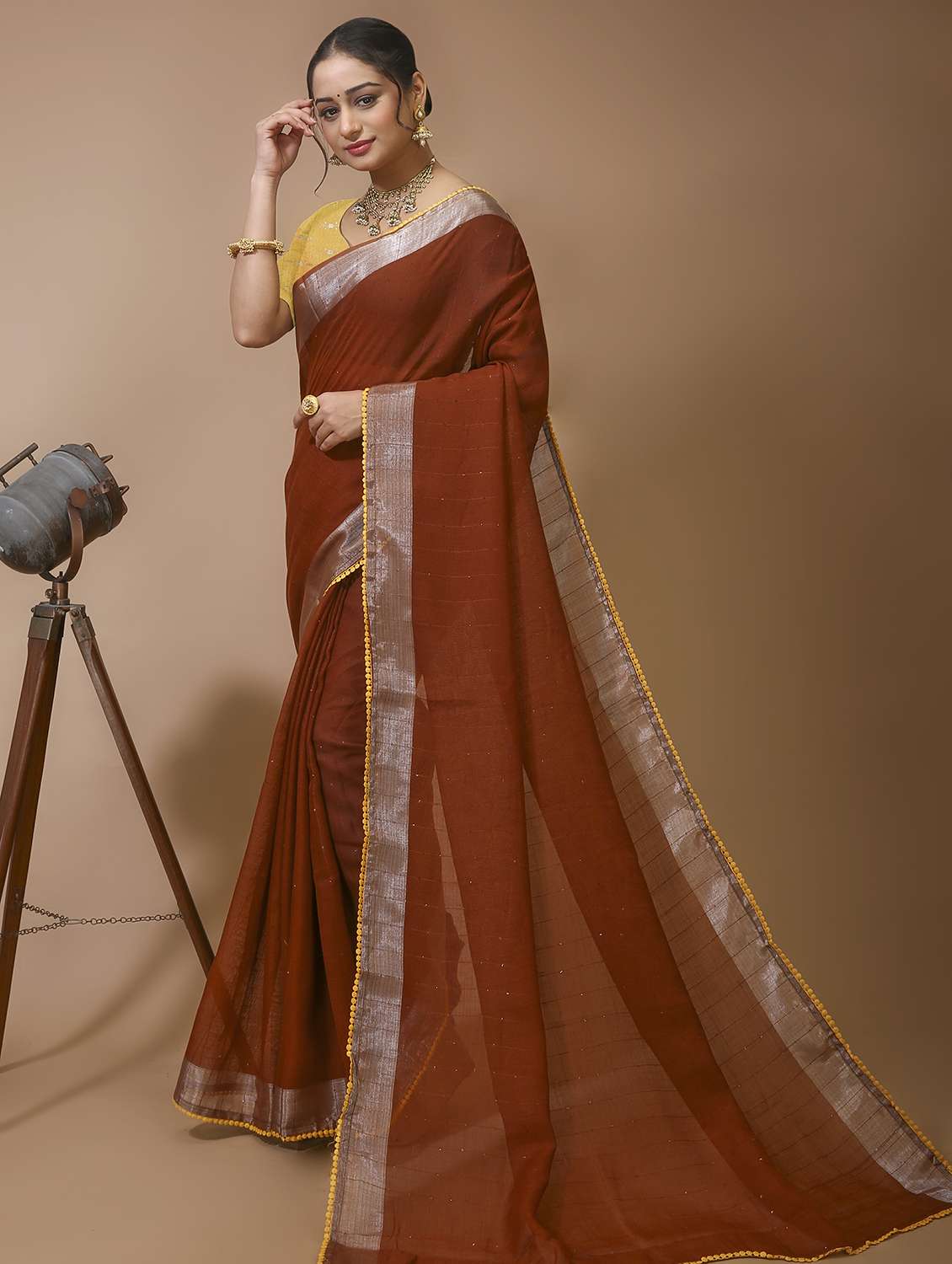 women's bordered royal blue colored saree with blouse