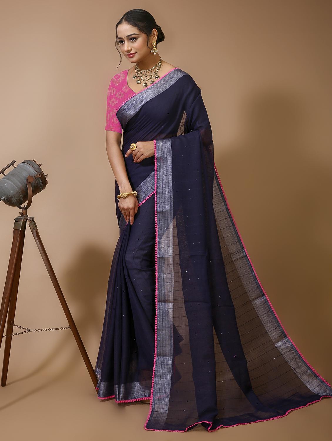 women's bordered navy blue colored saree with blouse - 20474340 -  Zoom Image - 0