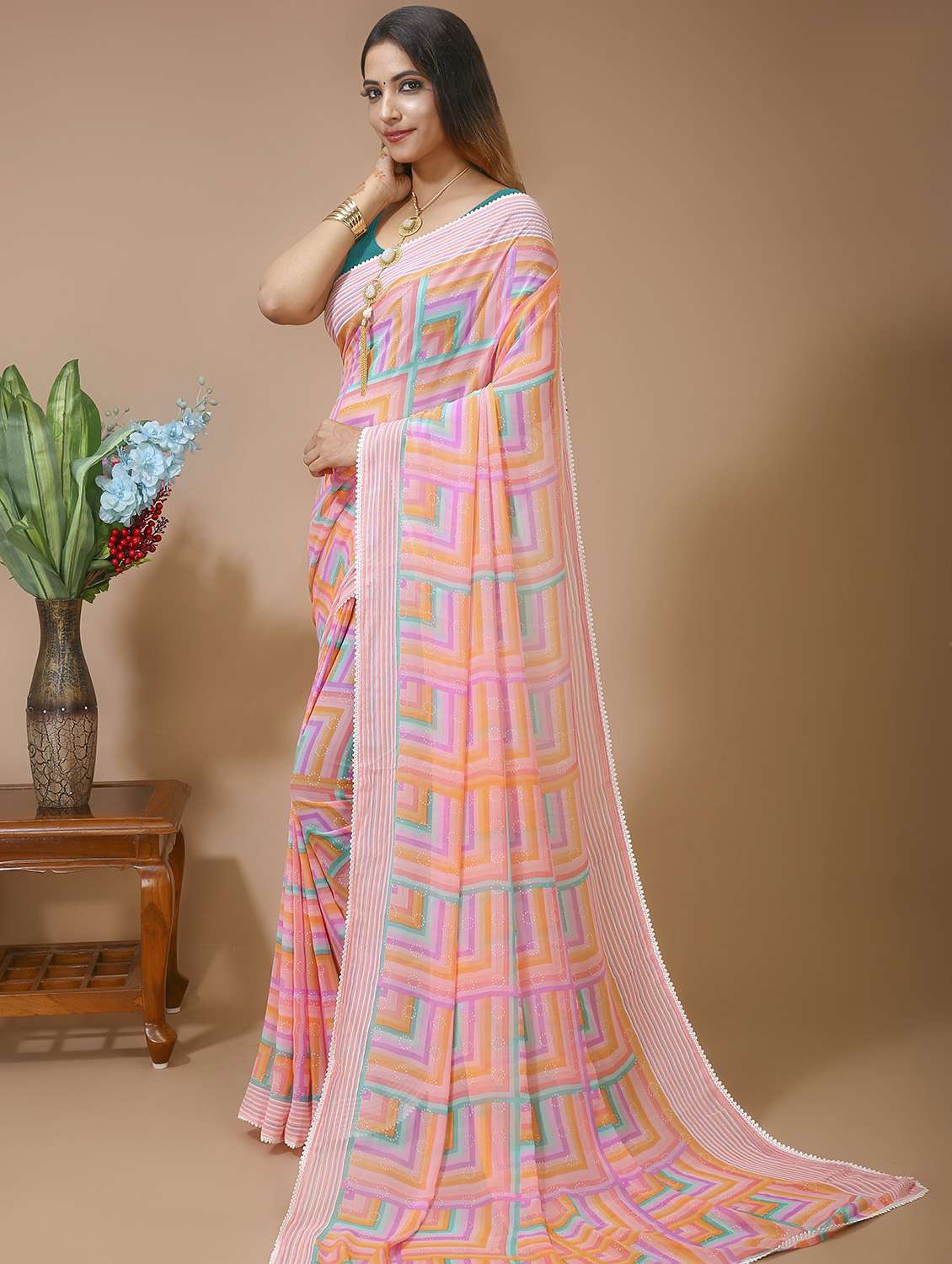 women's printed multi colored saree with blouse