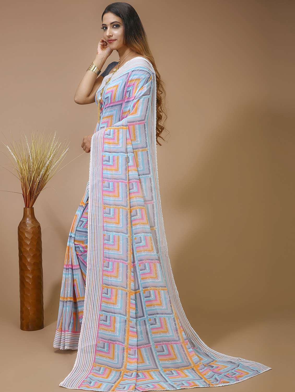 women's geometric multi colored saree with blouse