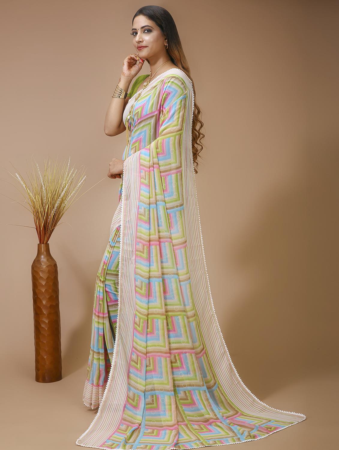 women's geometric multi colored saree with blouse