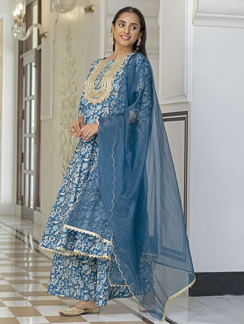 women blue round neck kurta palazzo set with dupatta - 20474379 -  Standard Image - 1