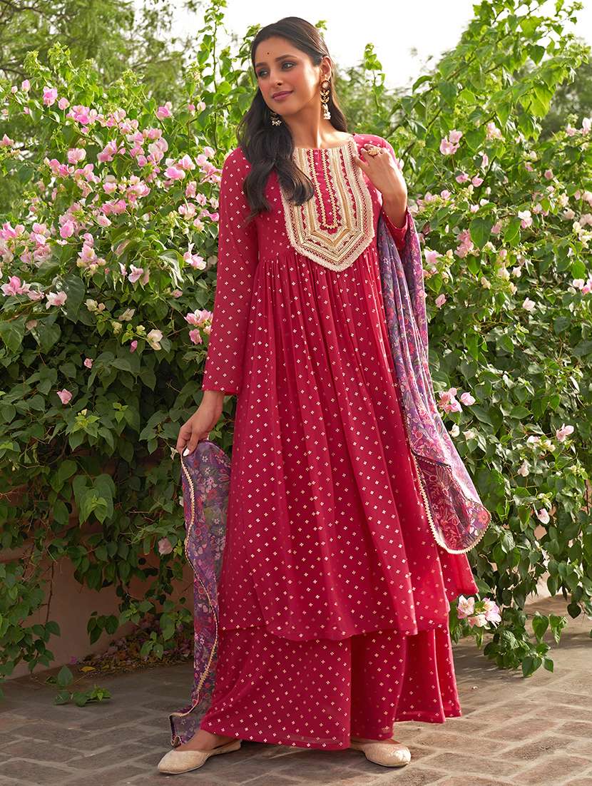 women pink round neck kurta palazzo set with dupatta - 20474380 -  Standard Image - 1