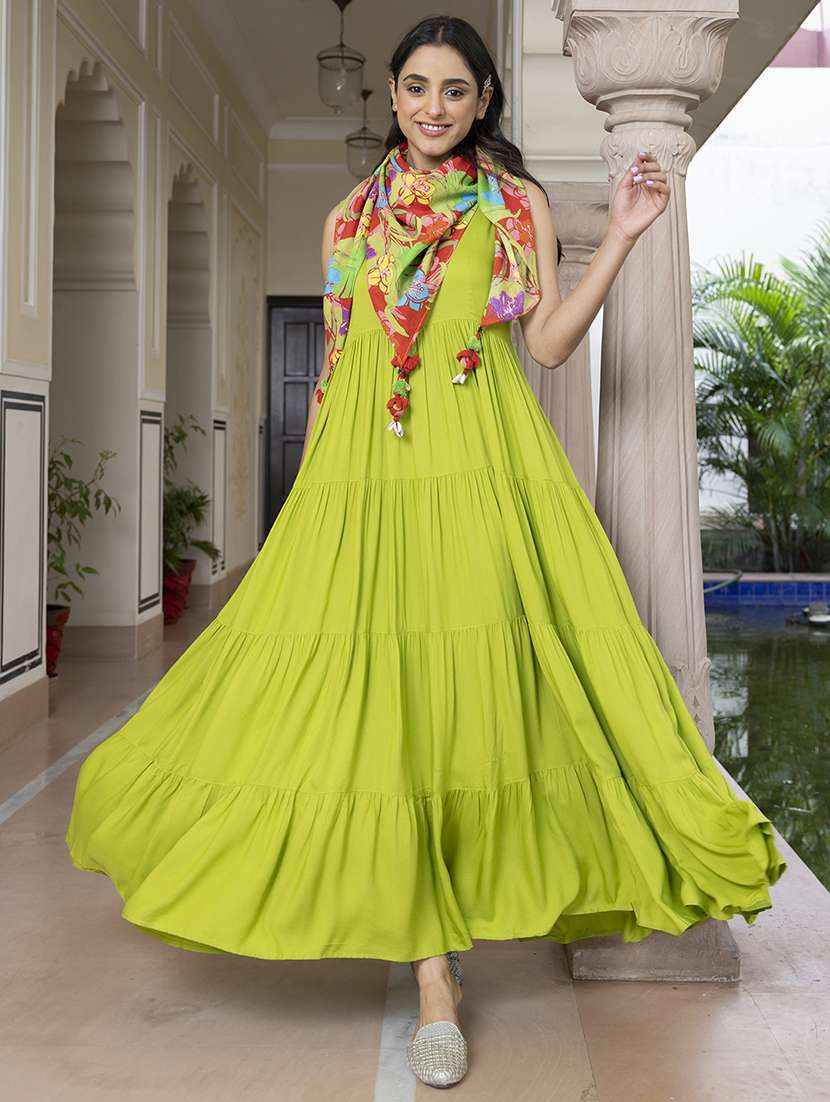 women lime solid tiered kurta with scarf