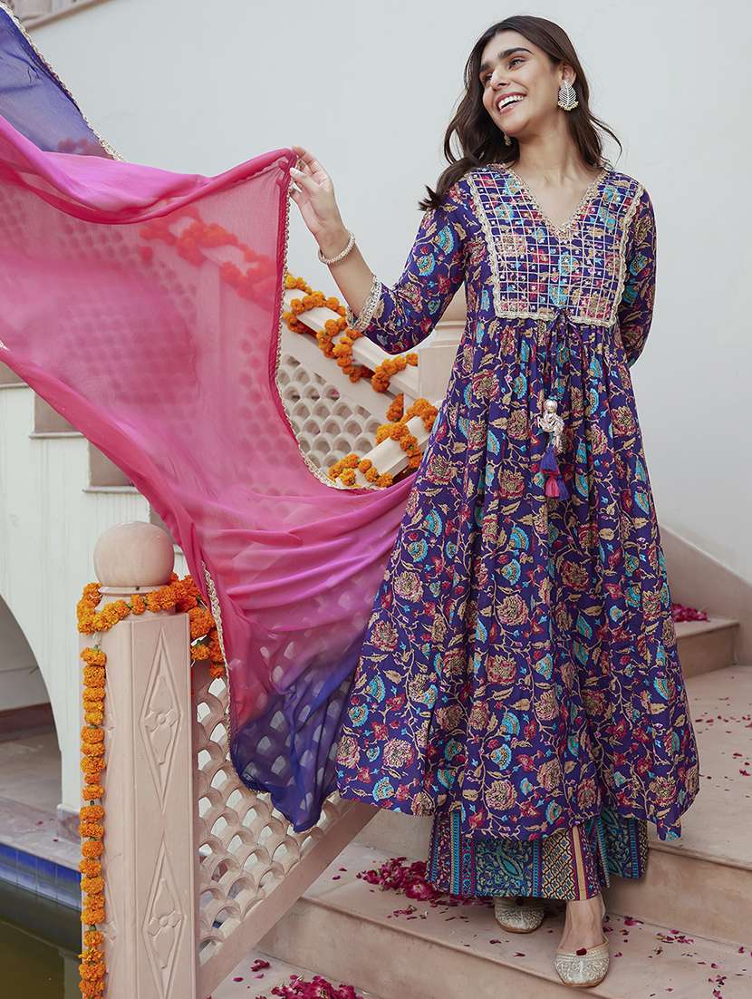 women blue v neck kurta palazzo set with dupatta
