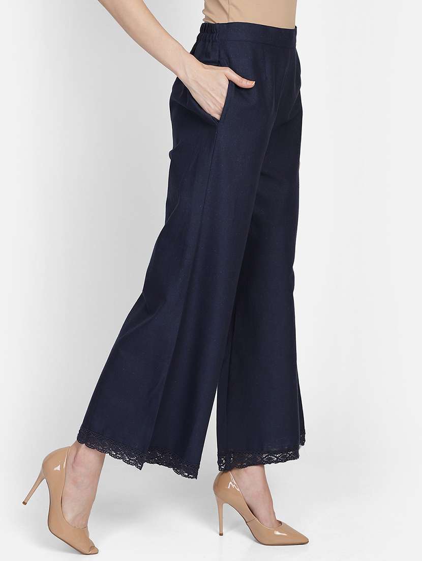 navy blue solid laced hem flared palazzo - 20474433 -  Standard Image - 1