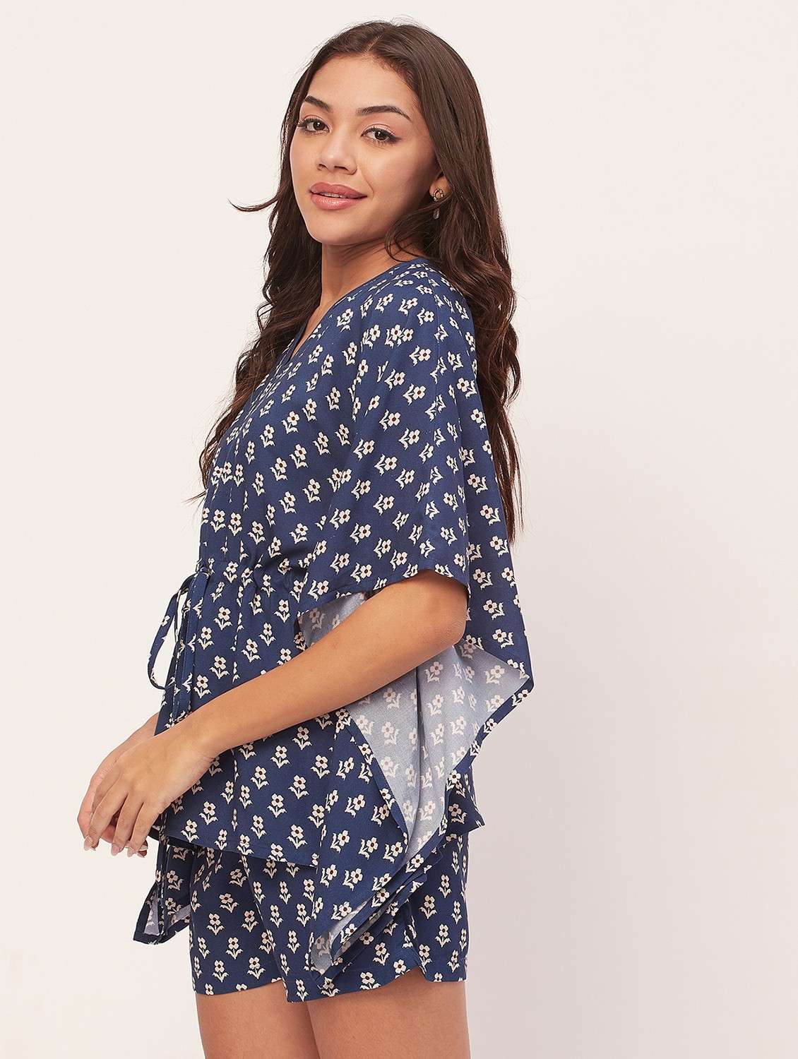navy blue floral shorts nightwear set - 20475925 - Standard Image - 1