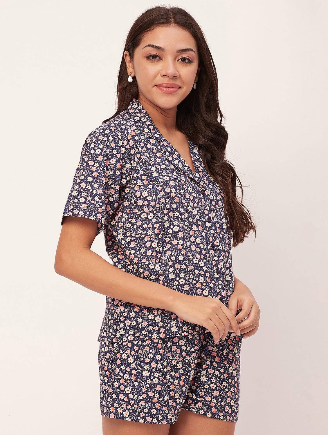navy blue floral shorts nightwear set - 20475931 - Standard Image - 1