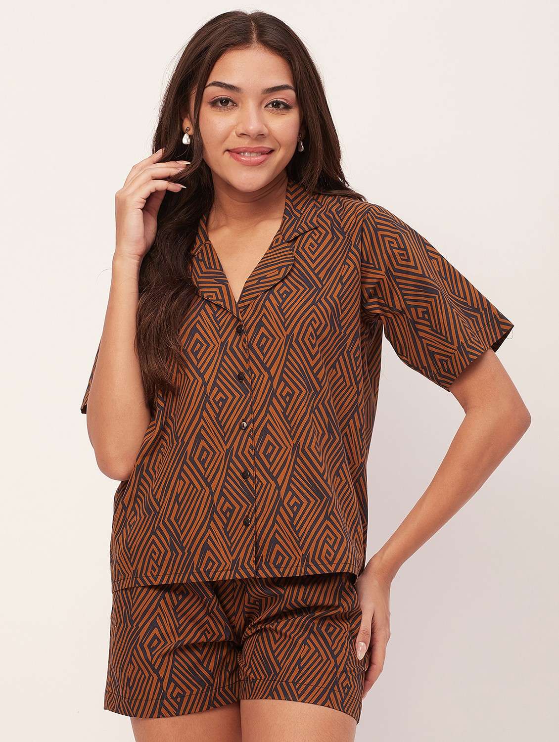 bronze and black printed shorts nightwear set