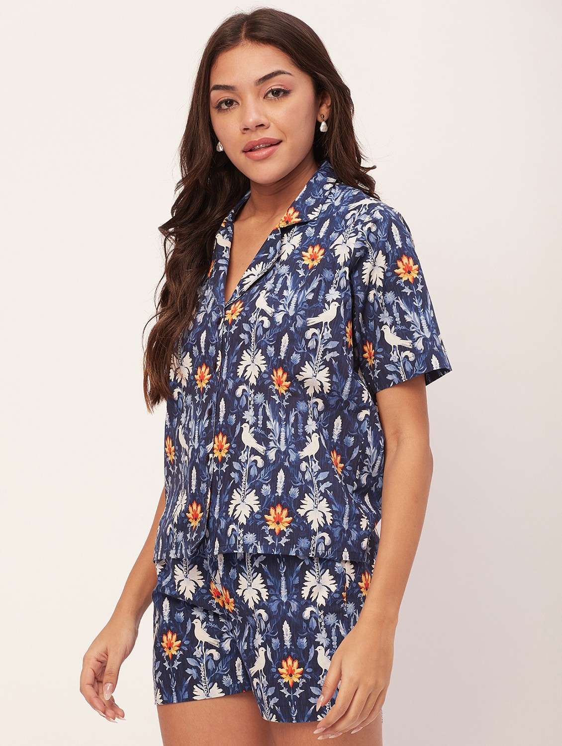 navy blue floral shorts nightwear set - 20475936 -  Standard Image - 1