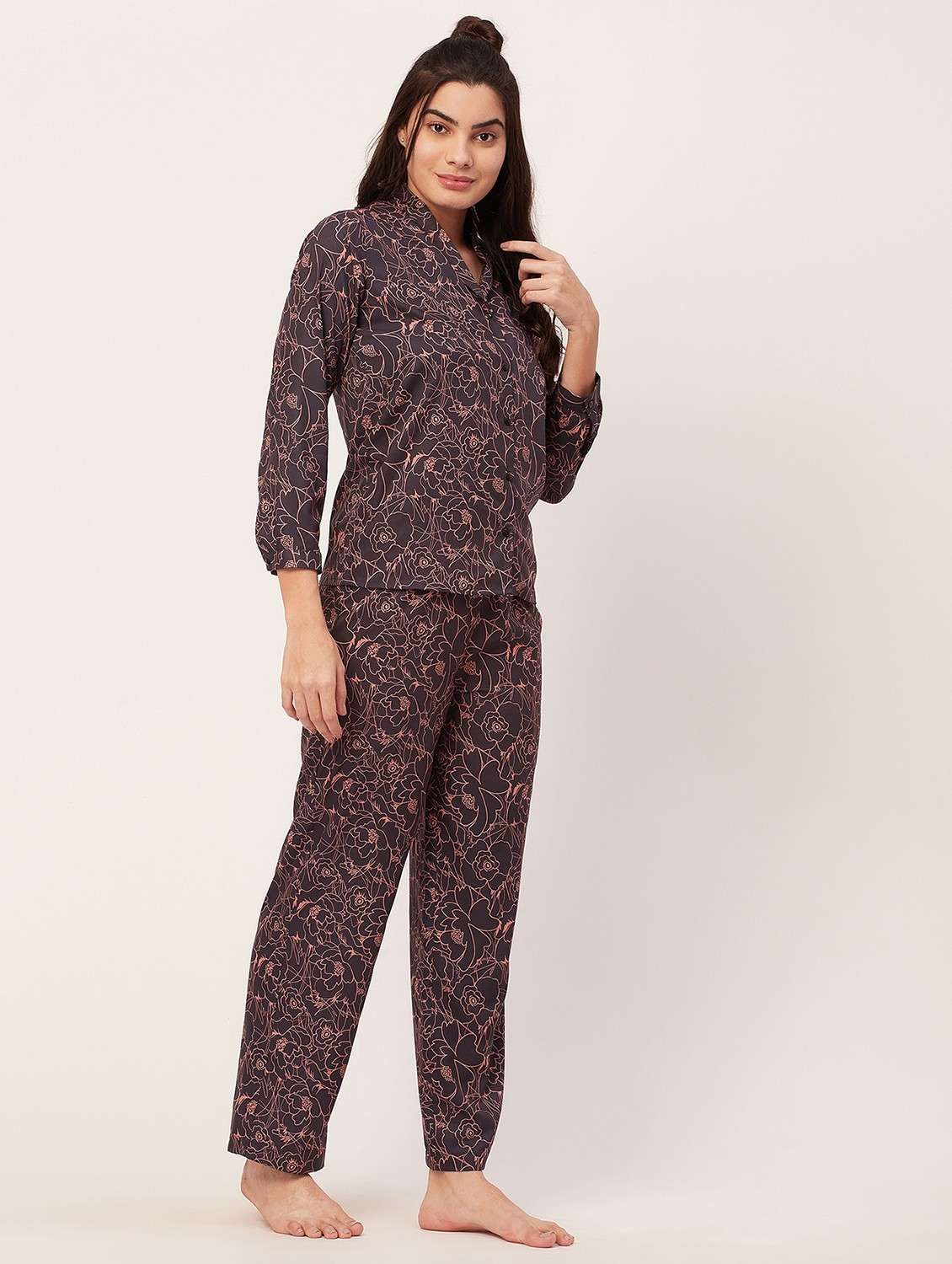 brown floral print pyjama nightwear set - 20475943 - Standard Image - 1