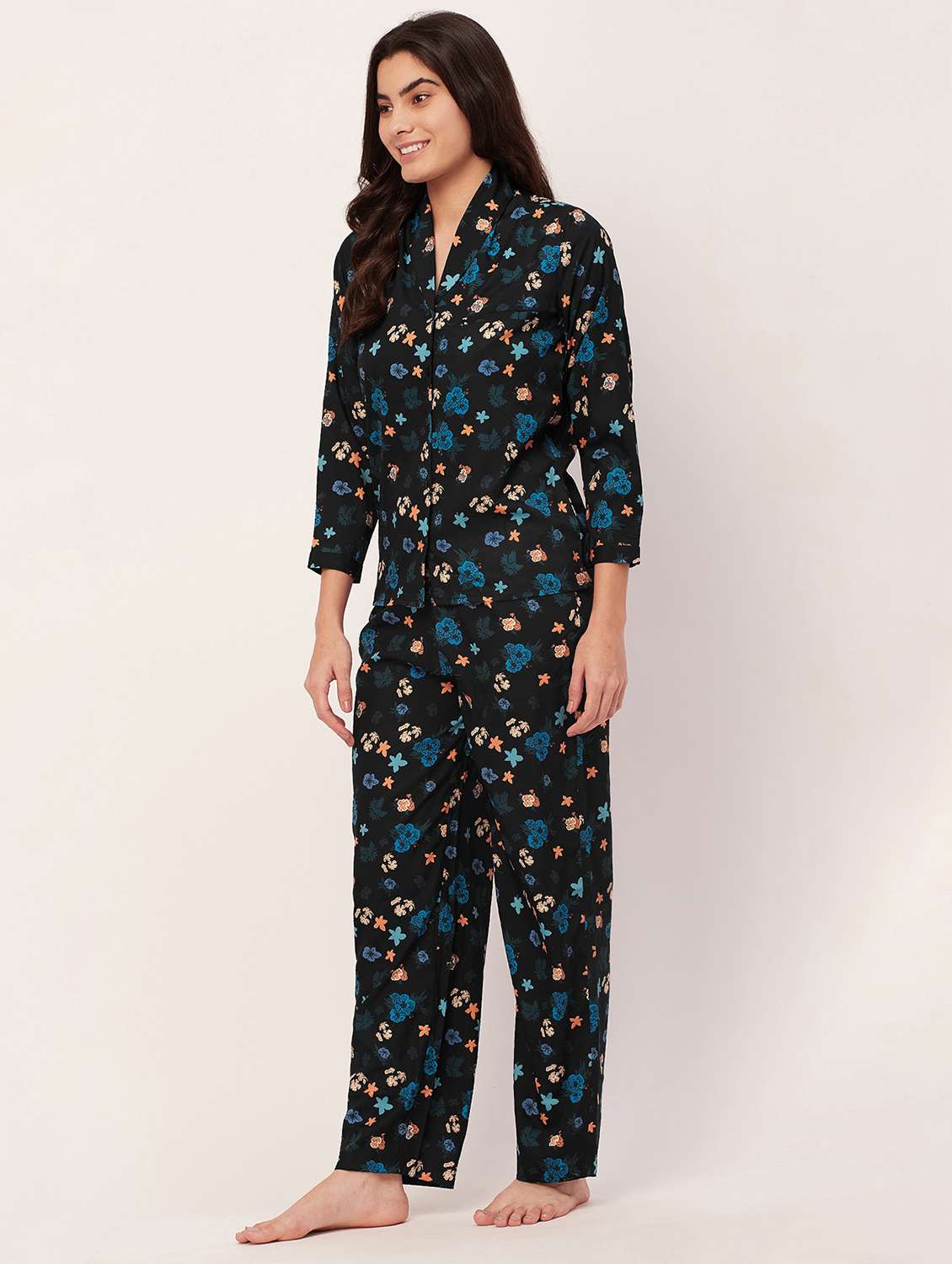 black tropical print pyjama nightwear set - 20475946 -  Standard Image - 1