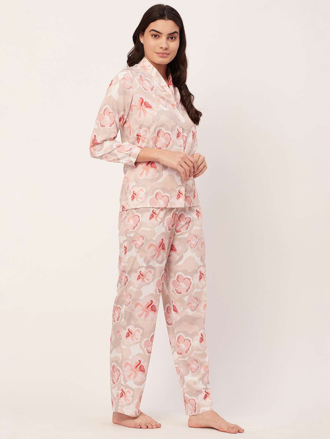 beige floral print pyjama nightwear set - 20475947 -  Standard Image - 1