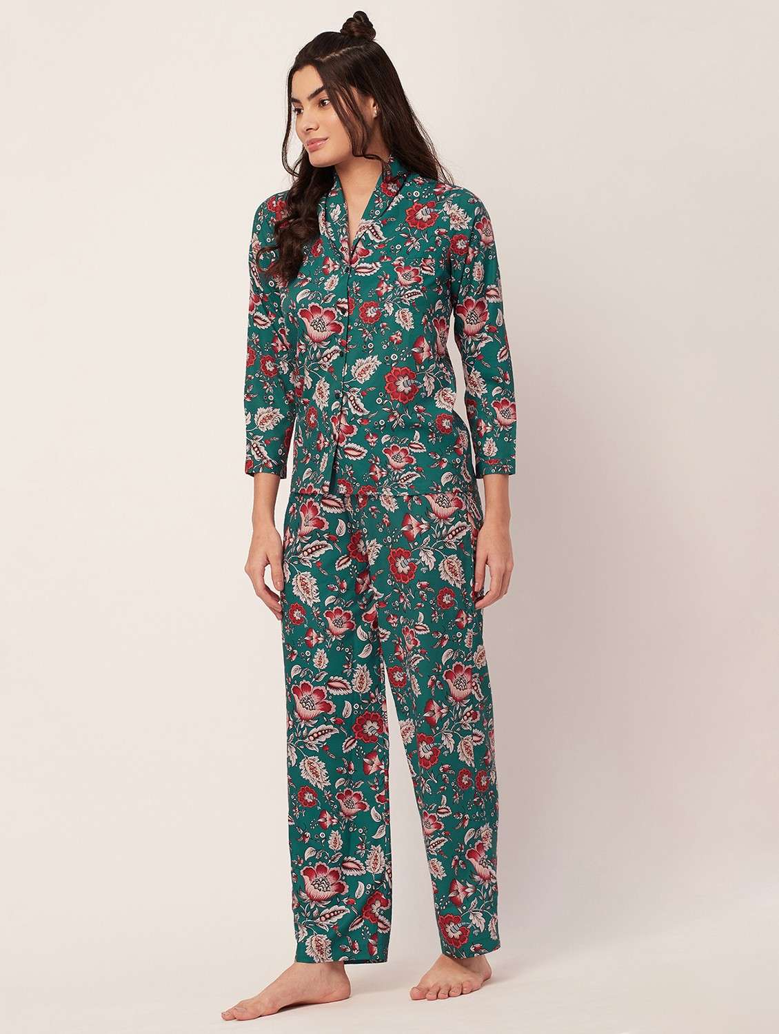 teal floral print pyjama nightwear set - 20475948 - Standard Image - 1