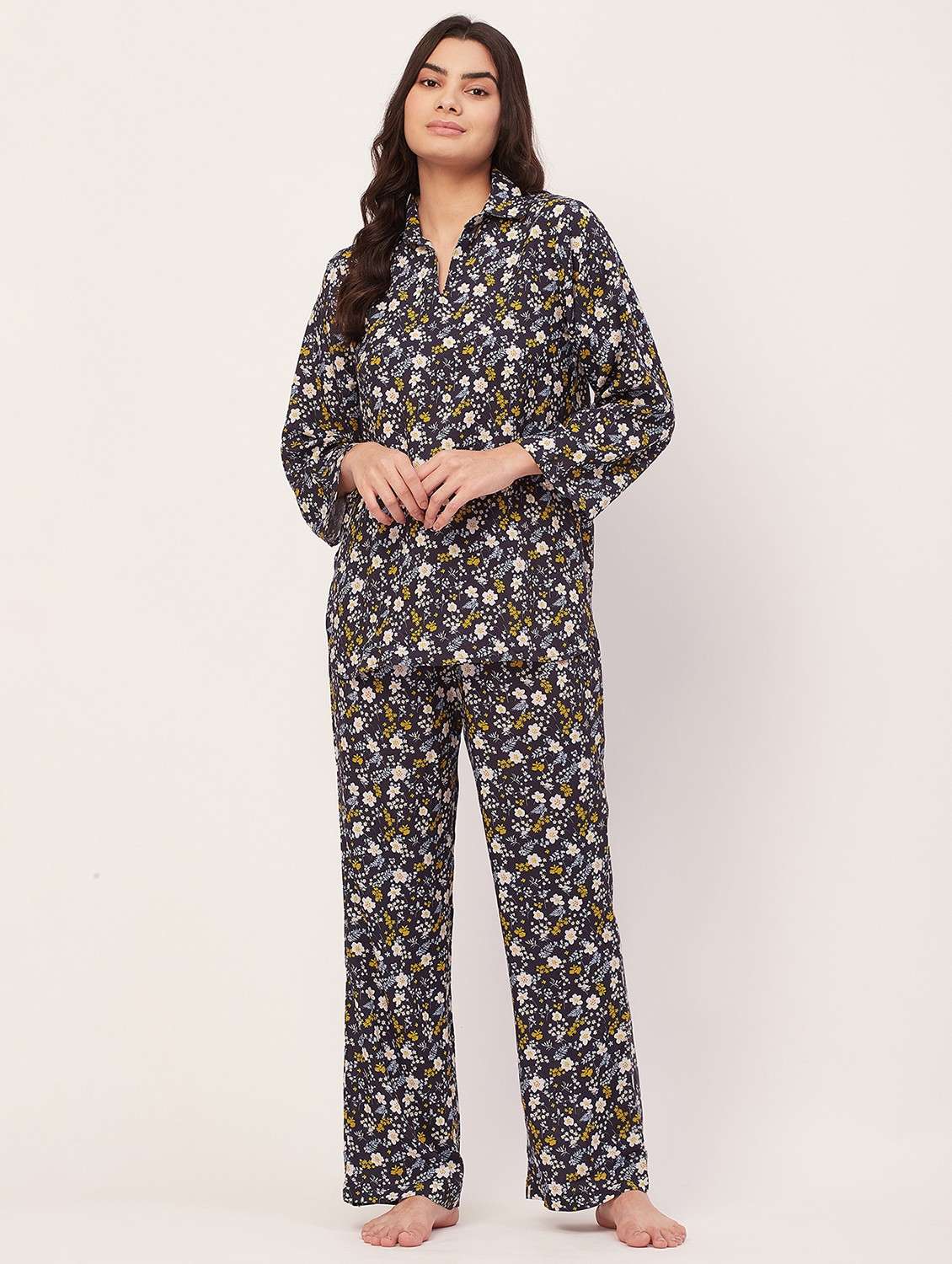 navy blue floral print pyjama nightwear set