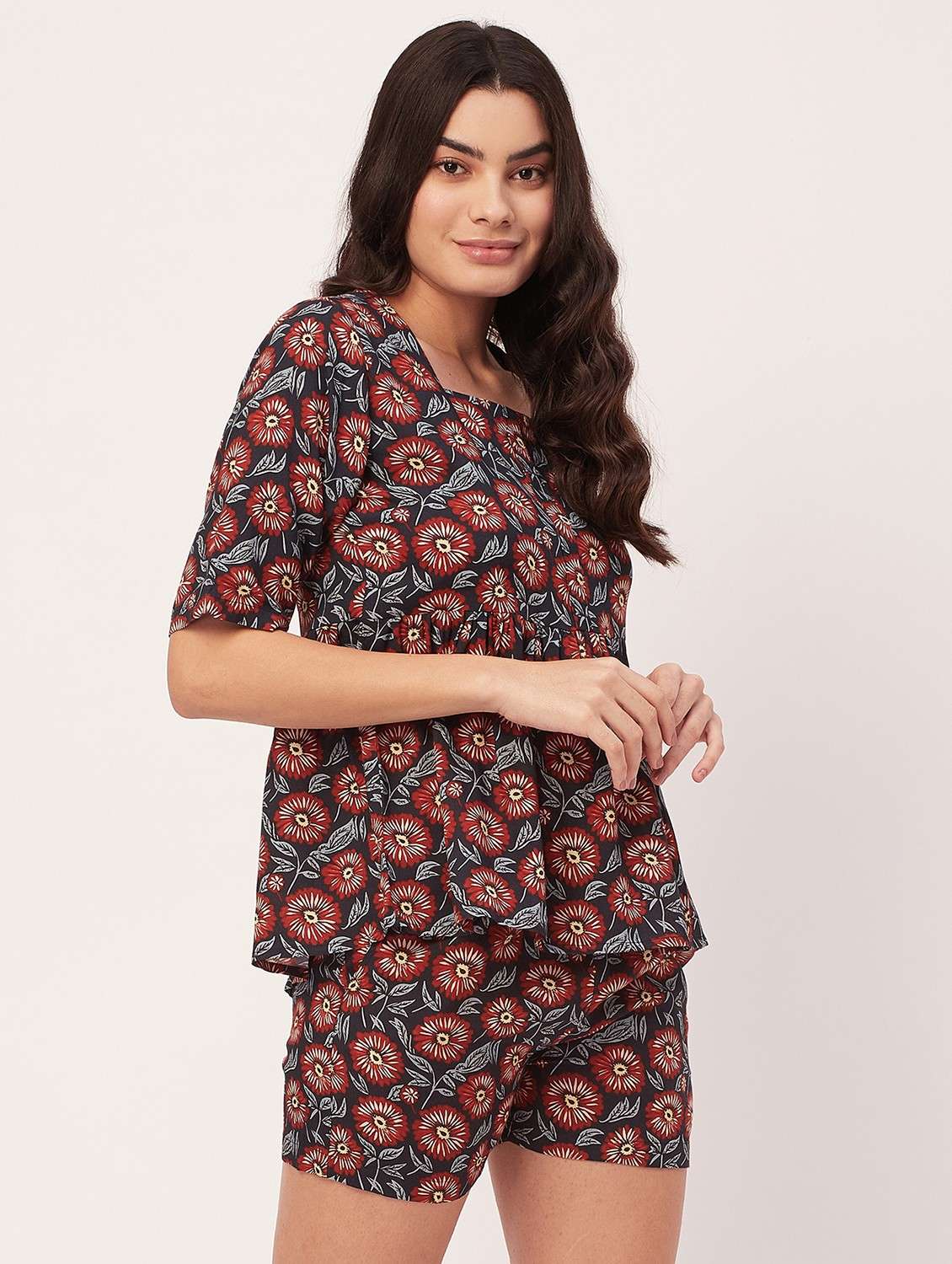navy blue floral shorts nightwear set - 20475978 -  Standard Image - 1