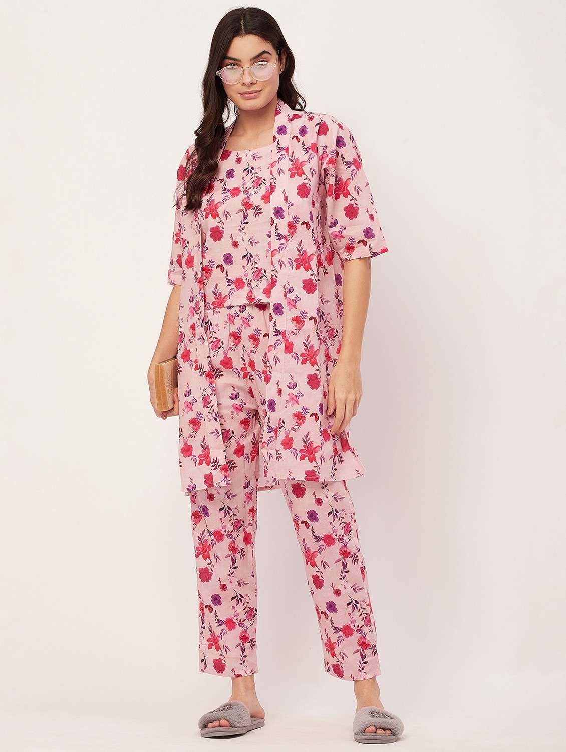 pink floral printed pyjama nightwear set with shrug